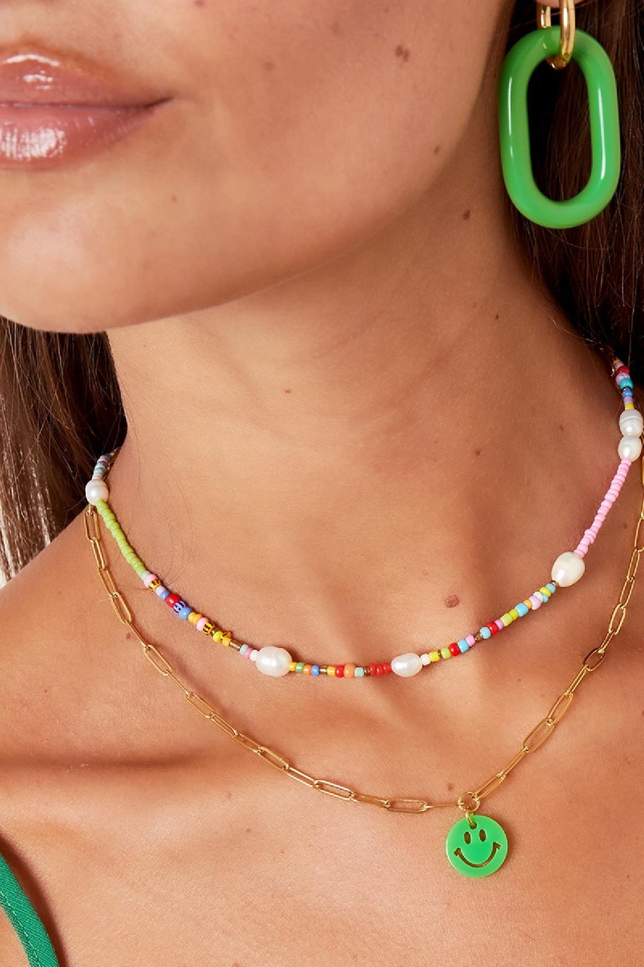 Erwachsene – Farbige Smiley-Halskette – klobige Kette Rosè &amp; Goldfarbe Edelstahl Bild3